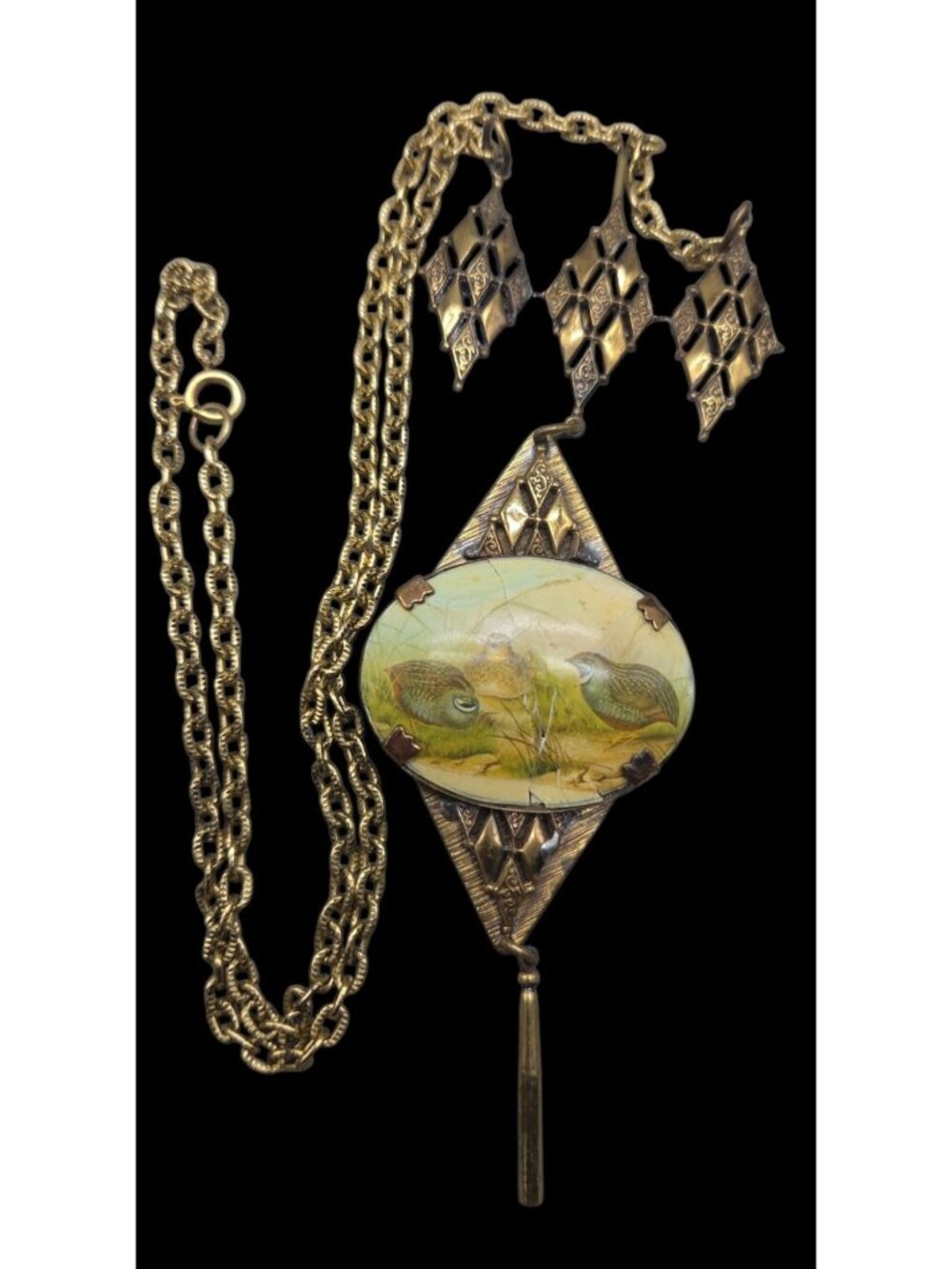 Antique Victorian Celluloid Quail Bird Pendant Necklace Brass Filigree 22" AS IS - Picture 12 of 15